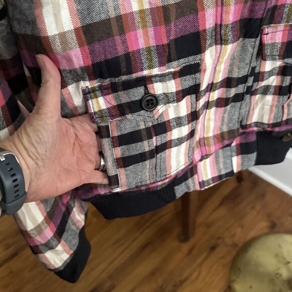 Roxy Women's Large  Faux Fur Hooded  Pink Plaid Jacket/Coat  Pockets - Picture 5 of 12